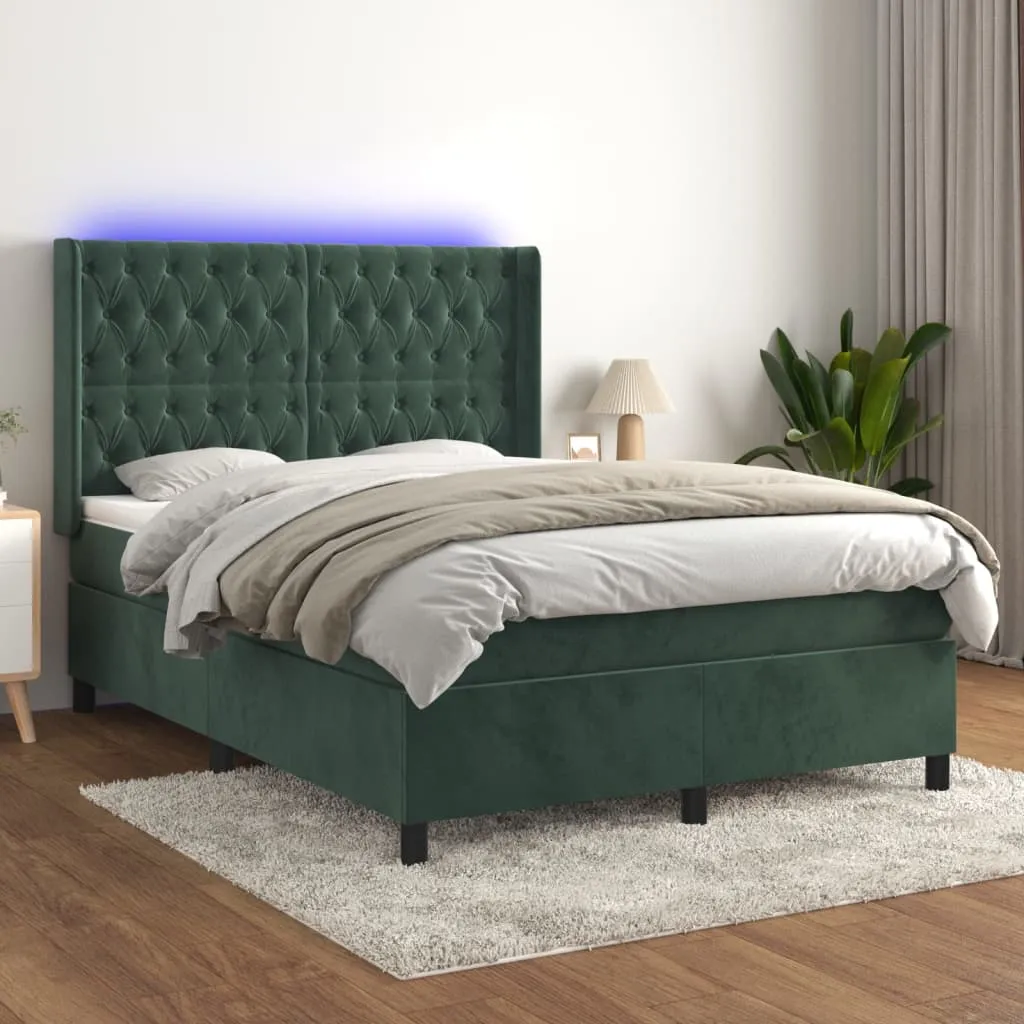 vidaXL Letto a Molle con Materasso e LED Verde Scuro 140x190cm Velluto