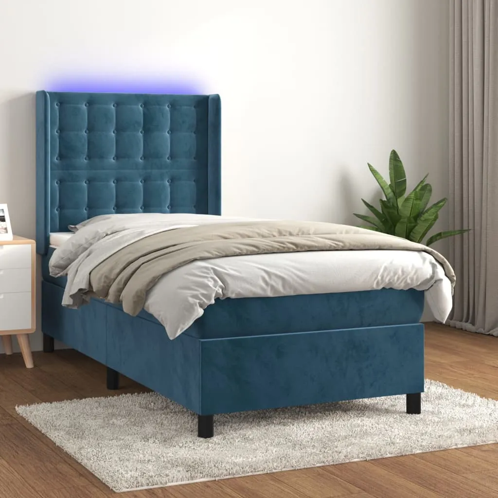 vidaXL Letto a Molle con Materasso e LED Blu Scuro 90x200cm in Velluto