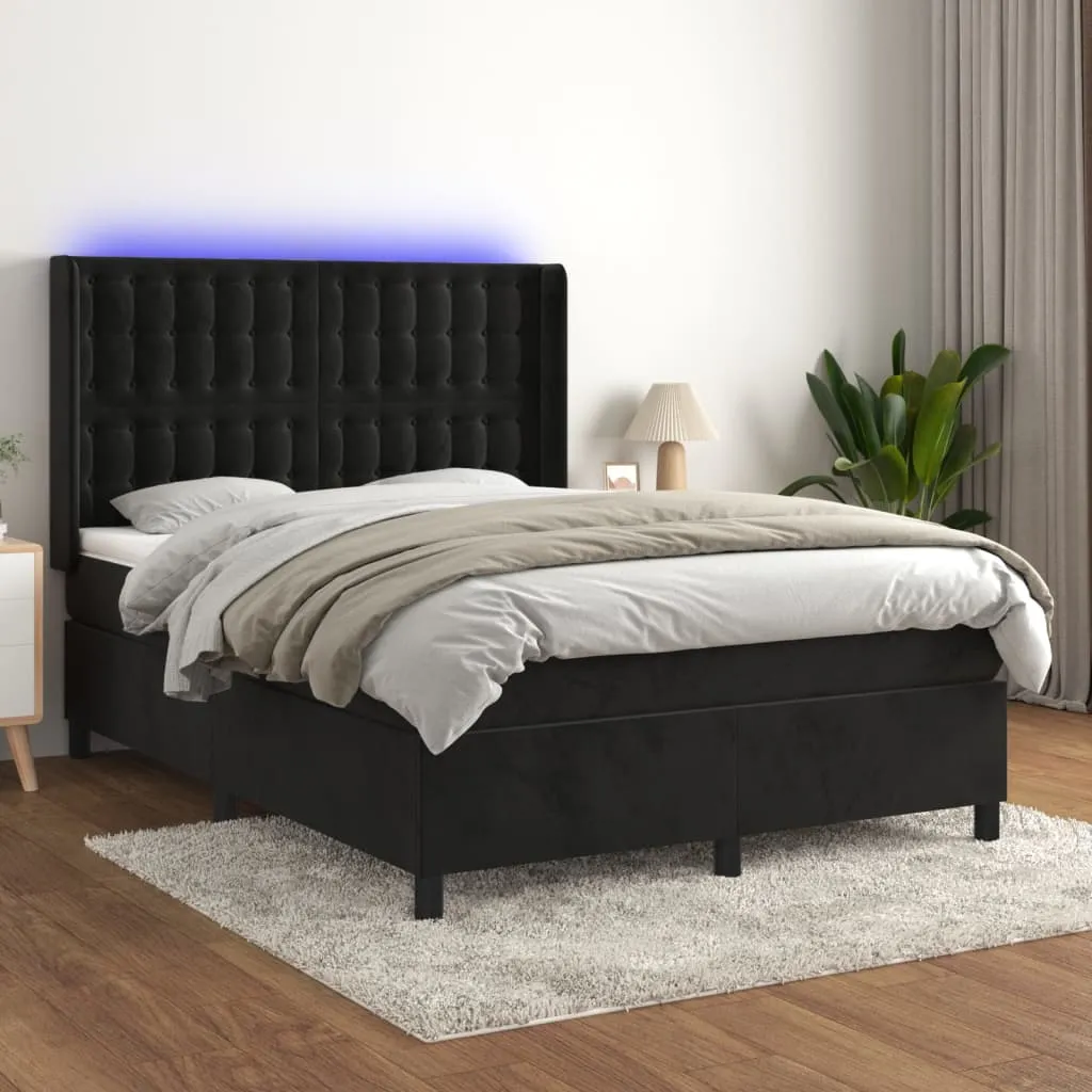 vidaXL Letto a Molle con Materasso e LED Nero 140x200 cm in Velluto