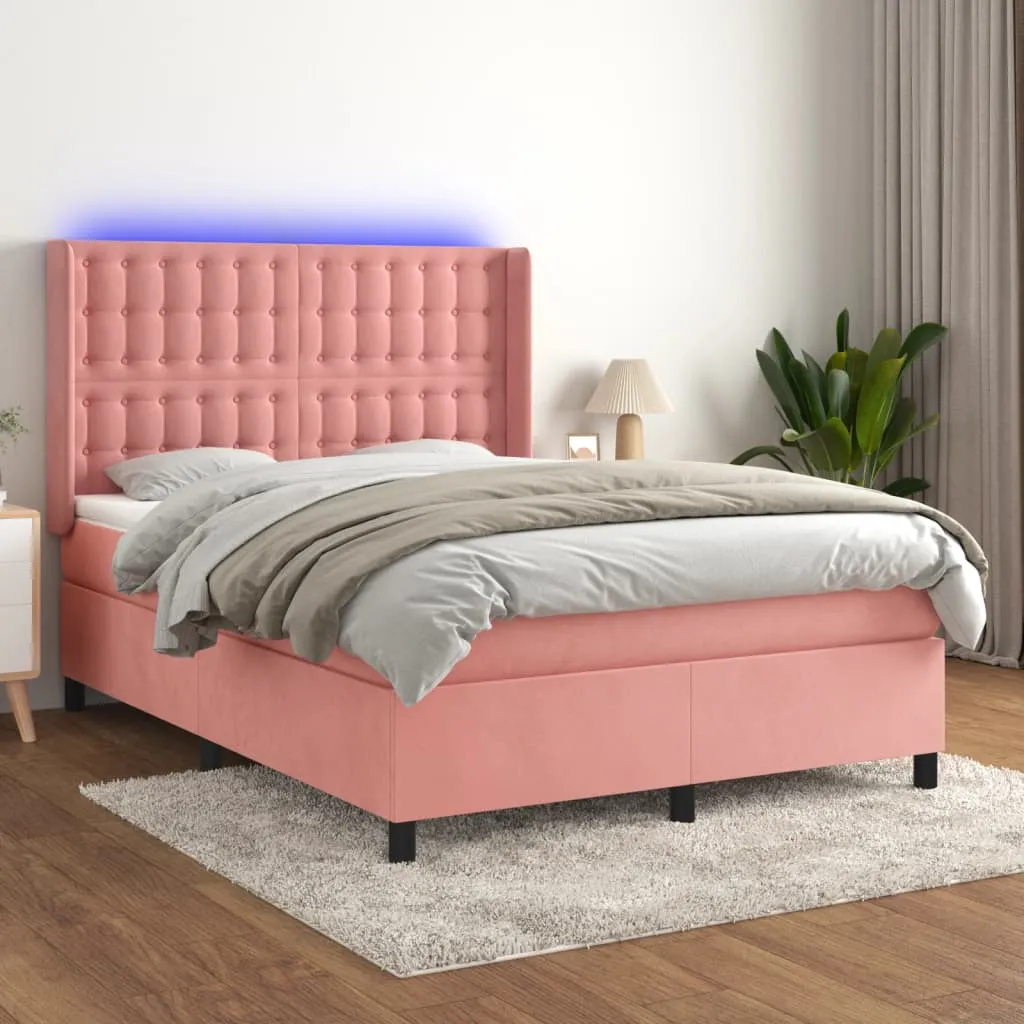 vidaXL Letto a Molle con Materasso e LED Rosa 140x200 cm in Velluto