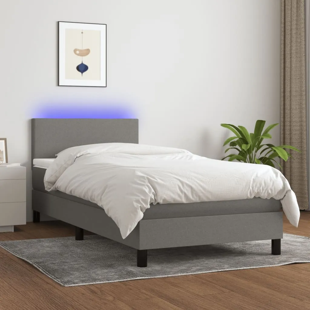 vidaXL Letto a Molle Materasso e LED Grigio Scuro 90x200 cm in Tessuto