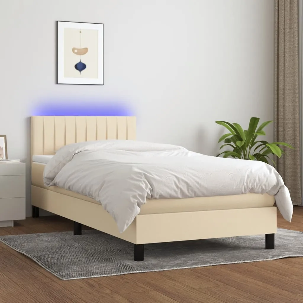 vidaXL Letto a Molle con Materasso e LED Crema 90x200 cm in Tessuto