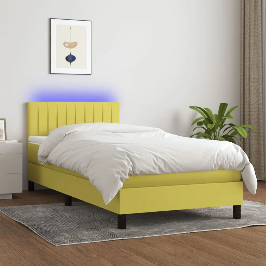 Letto a Molle con Materasso e LED Verde 100x200cm in Tessuto