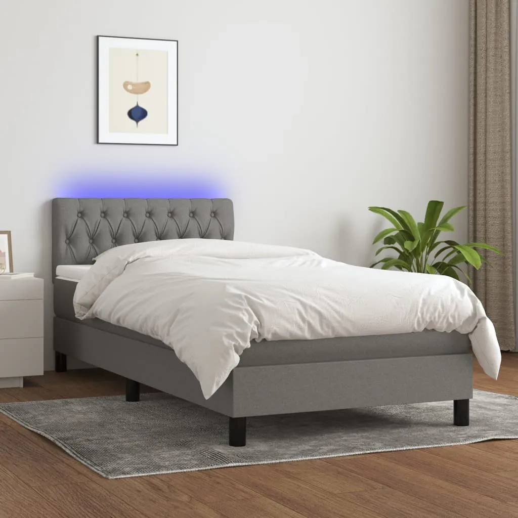 vidaXL Letto a Molle Materasso e LED Grigio Scuro 90x200 cm in Tessuto