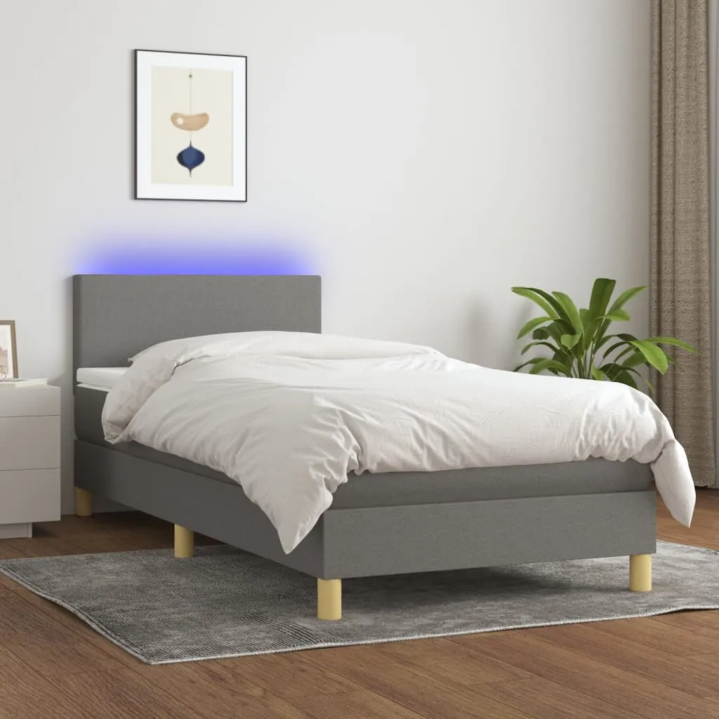 vidaXL Letto a Molle Materasso e LED Grigio Scuro 90x200 cm in Tessuto