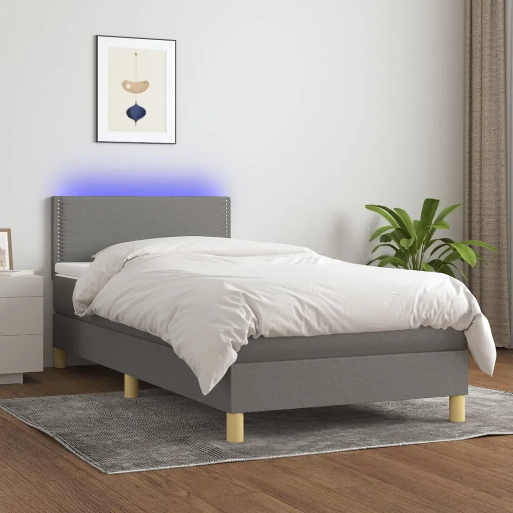 vidaXL Letto a Molle Materasso e LED Grigio Scuro 90x200 cm in Tessuto