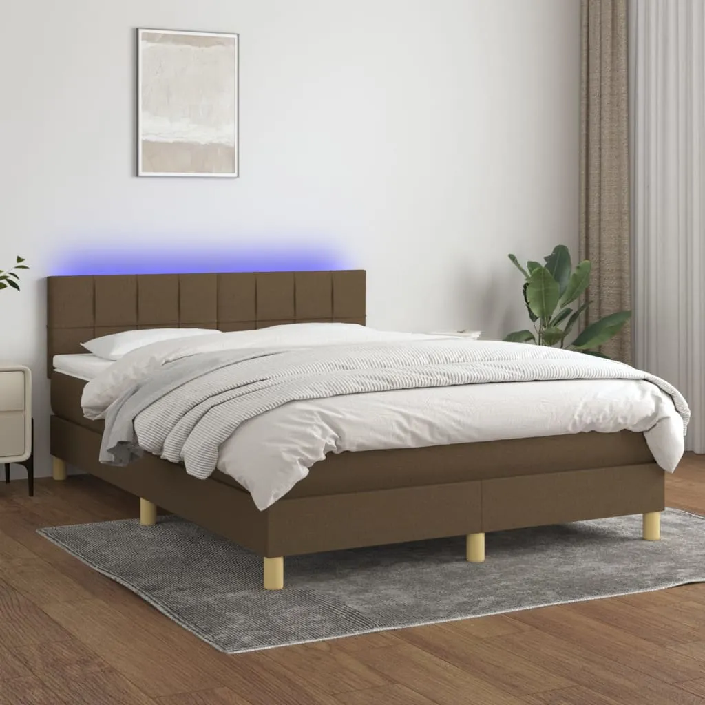 vidaXL Letto a Molle Materasso e LED MarroneScuro 140x190cm in Tessuto