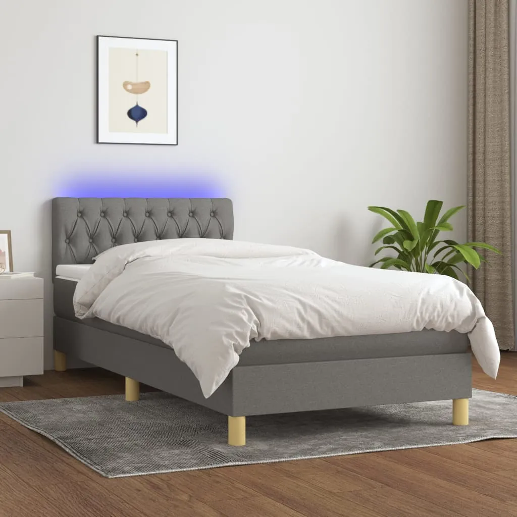 vidaXL Letto a Molle Materasso e LED Grigio Scuro 90x200 cm in Tessuto