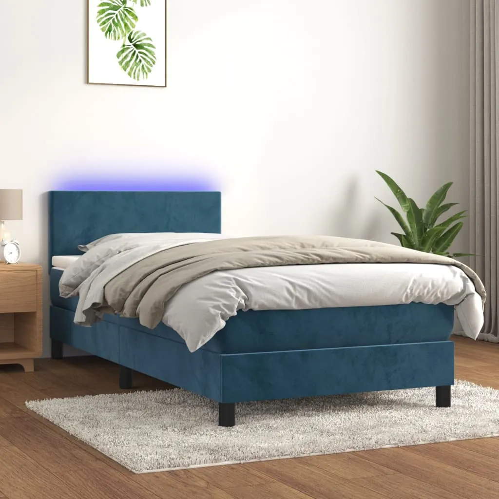 vidaXL Letto a Molle con Materasso e LED Blu Scuro 90x190cm in Velluto