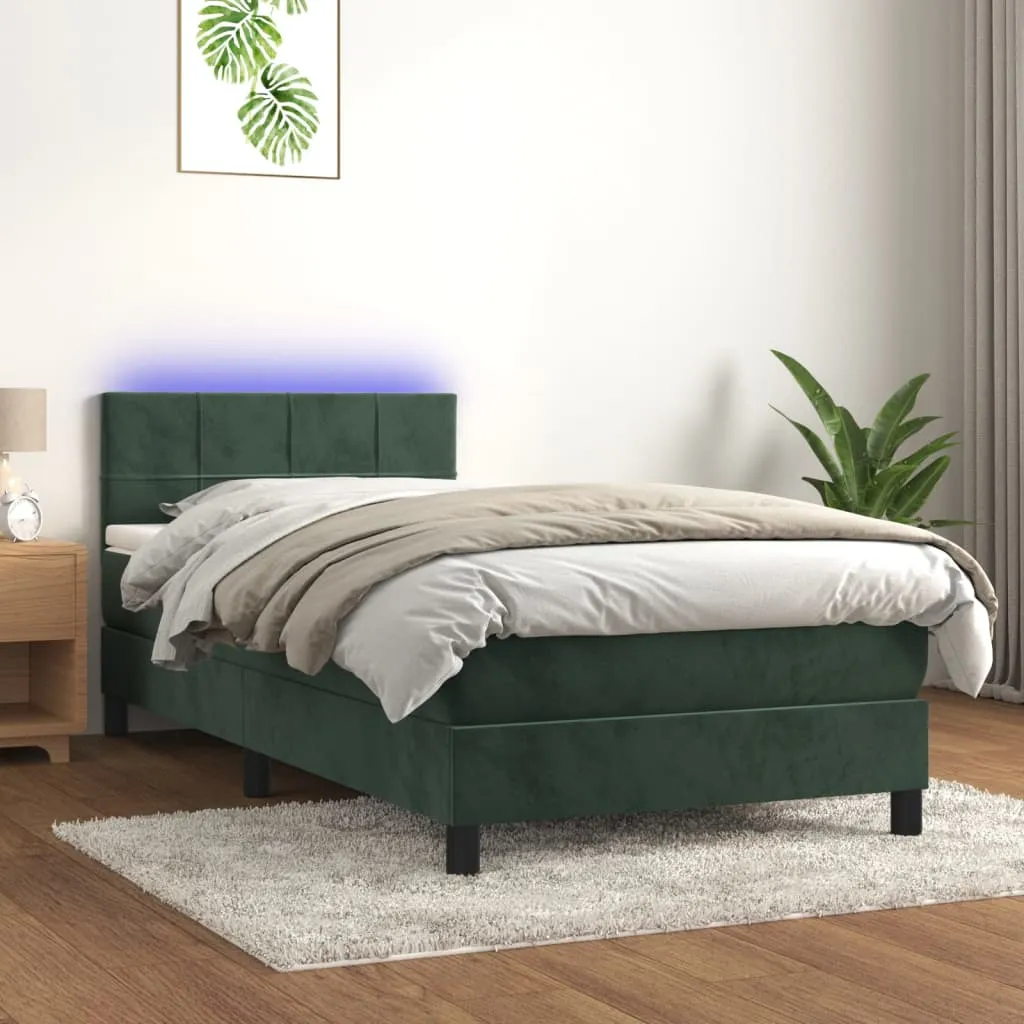 vidaXL Letto a Molle con Materasso e LED Verde Scuro 90x190 cm Velluto