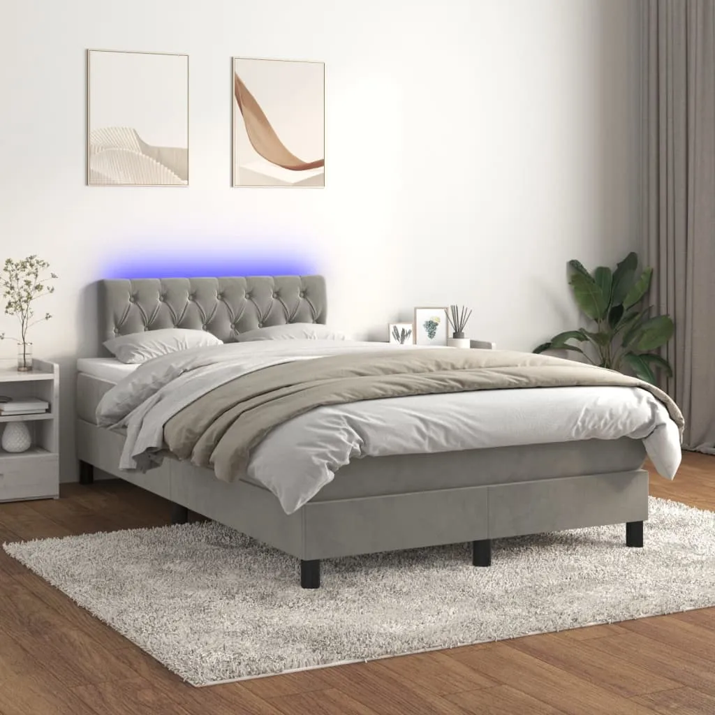 vidaXL Letto a Molle Materasso e LED Grigio Chiaro 120x200 cm Velluto