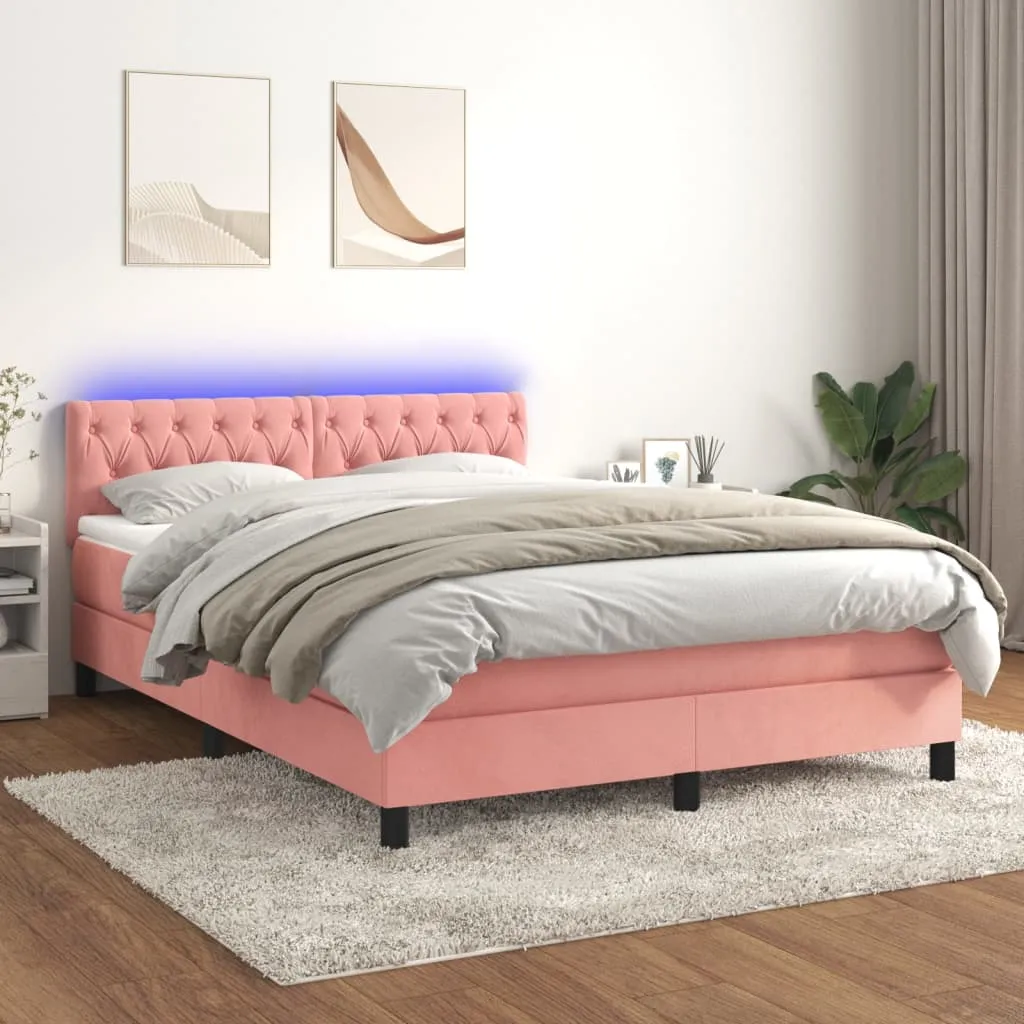 vidaXL Letto a Molle con Materasso e LED Rosa 140x190 cm in Velluto