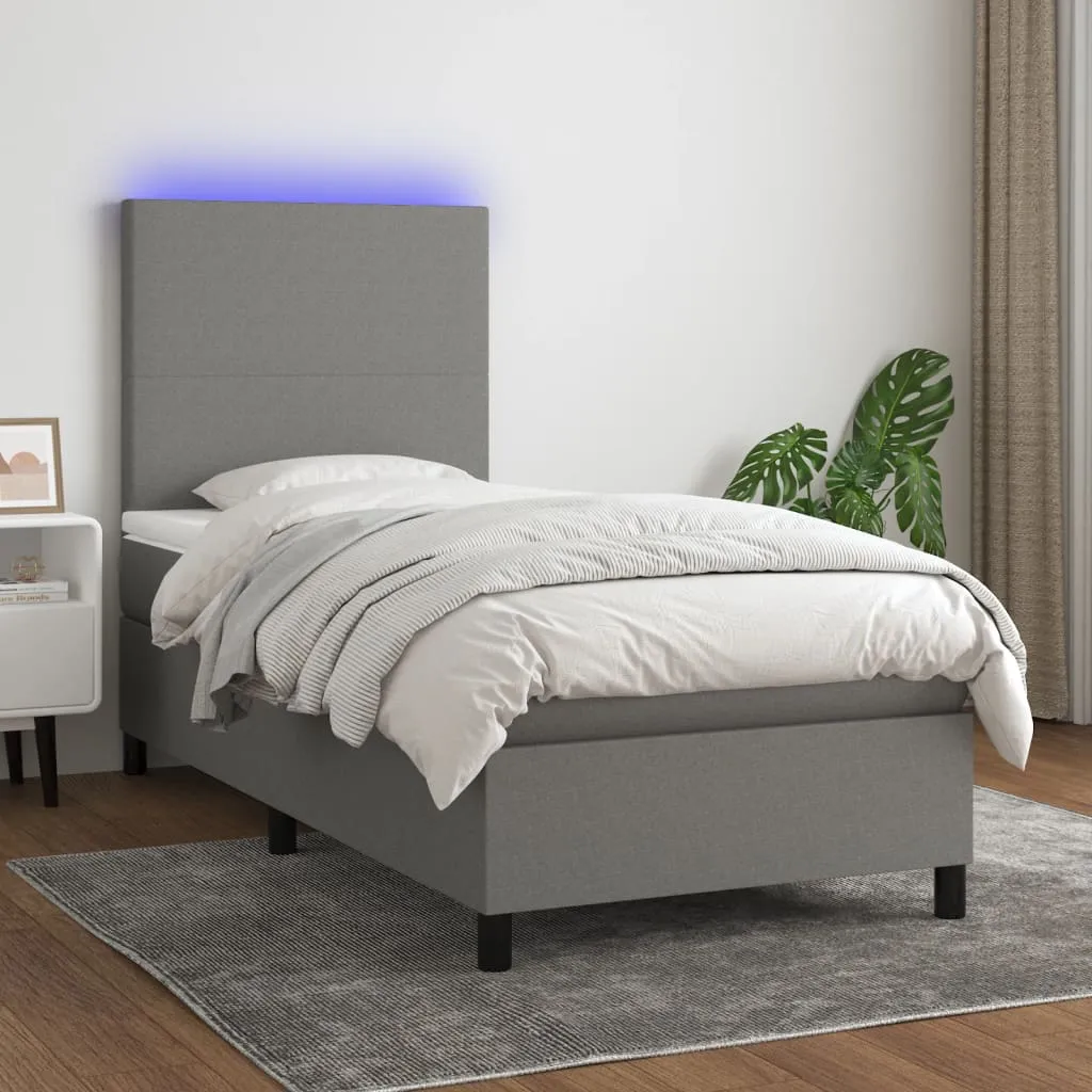 vidaXL Letto a Molle Materasso e LED Grigio Scuro 90x200 cm in Tessuto