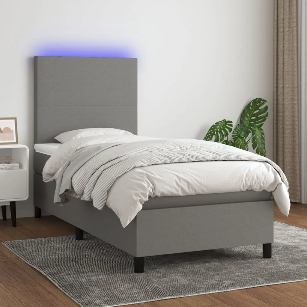 vidaXL Letto a Molle Materasso e LED Grigio Scuro 100x200cm in Tessuto