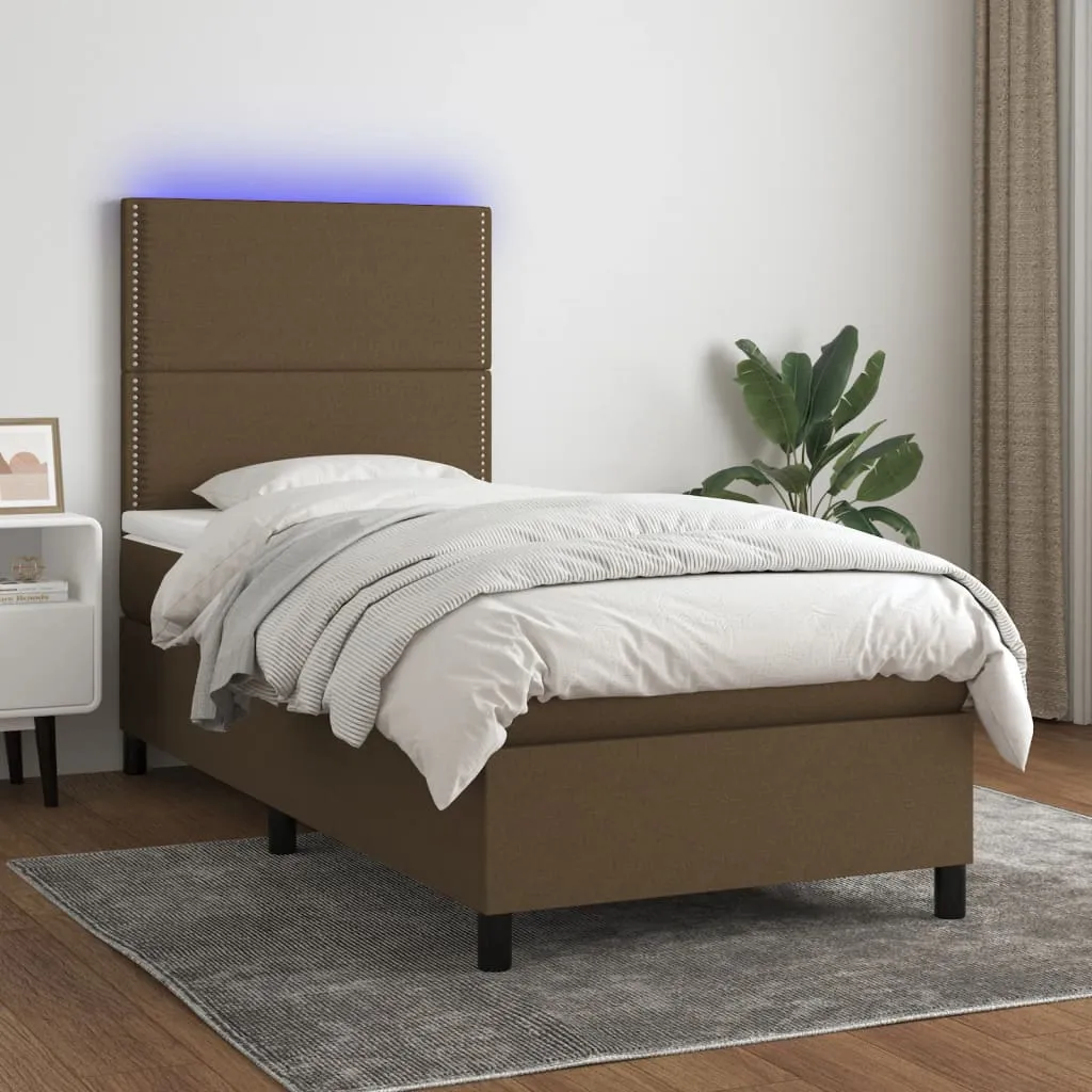 vidaXL Letto a Molle Materasso e LED Marrone Scuro 90x190cm in Tessuto