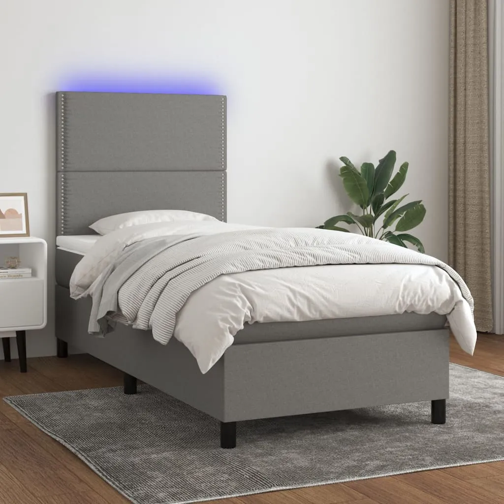 vidaXL Letto a Molle Materasso e LED Grigio Scuro 90x200 cm in Tessuto