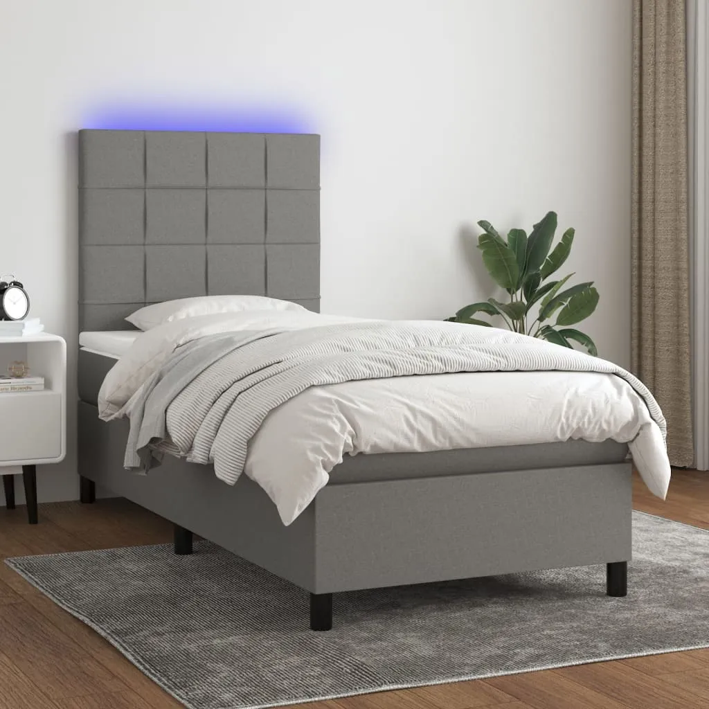 vidaXL Letto a Molle Materasso e LED Grigio Scuro 90x190 cm in Tessuto