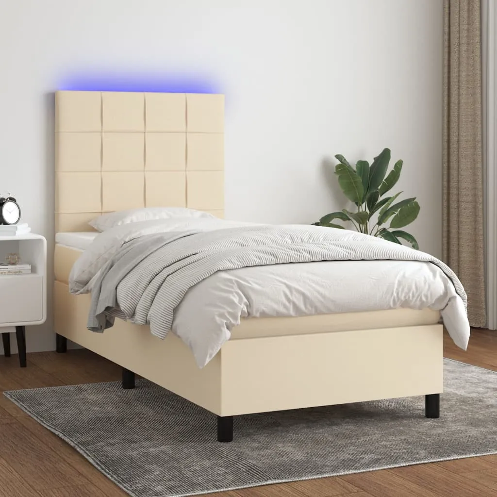 vidaXL Letto a Molle con Materasso e LED Crema 90x190 cm in Tessuto