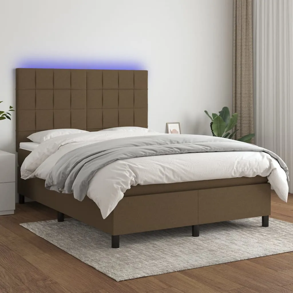 vidaXL Letto a Molle Materasso e LED MarroneScuro 140x190cm in Tessuto