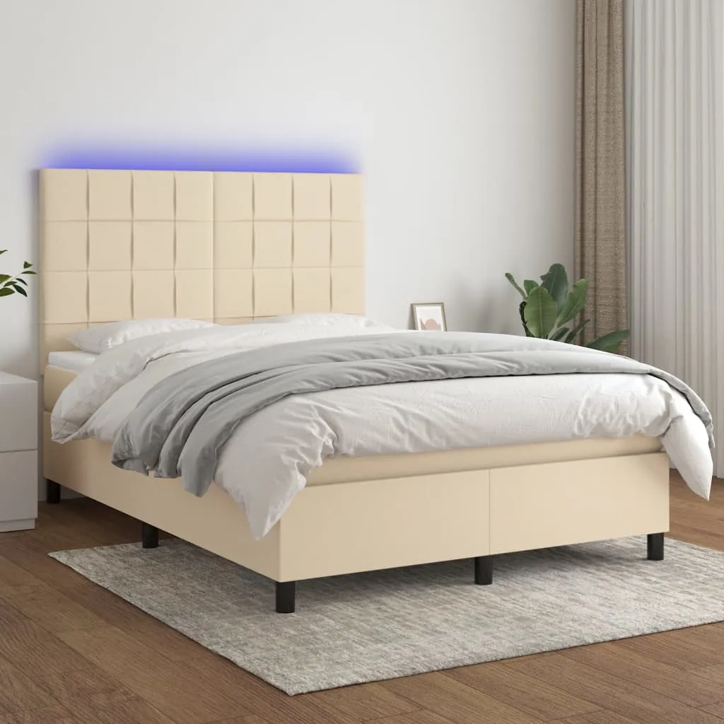 vidaXL Letto a Molle con Materasso e LED Crema 140x190 cm in Tessuto