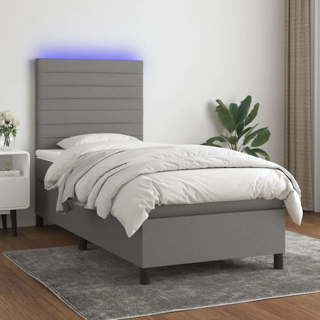 vidaXL Letto a Molle Materasso e LED Grigio Scuro 90x200 cm in Tessuto