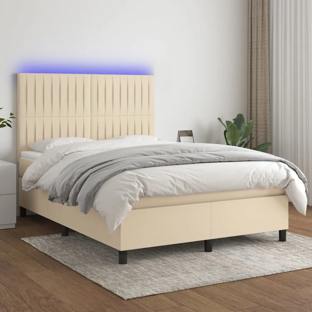 vidaXL Letto a Molle con Materasso e LED Crema 140x190 cm in Tessuto