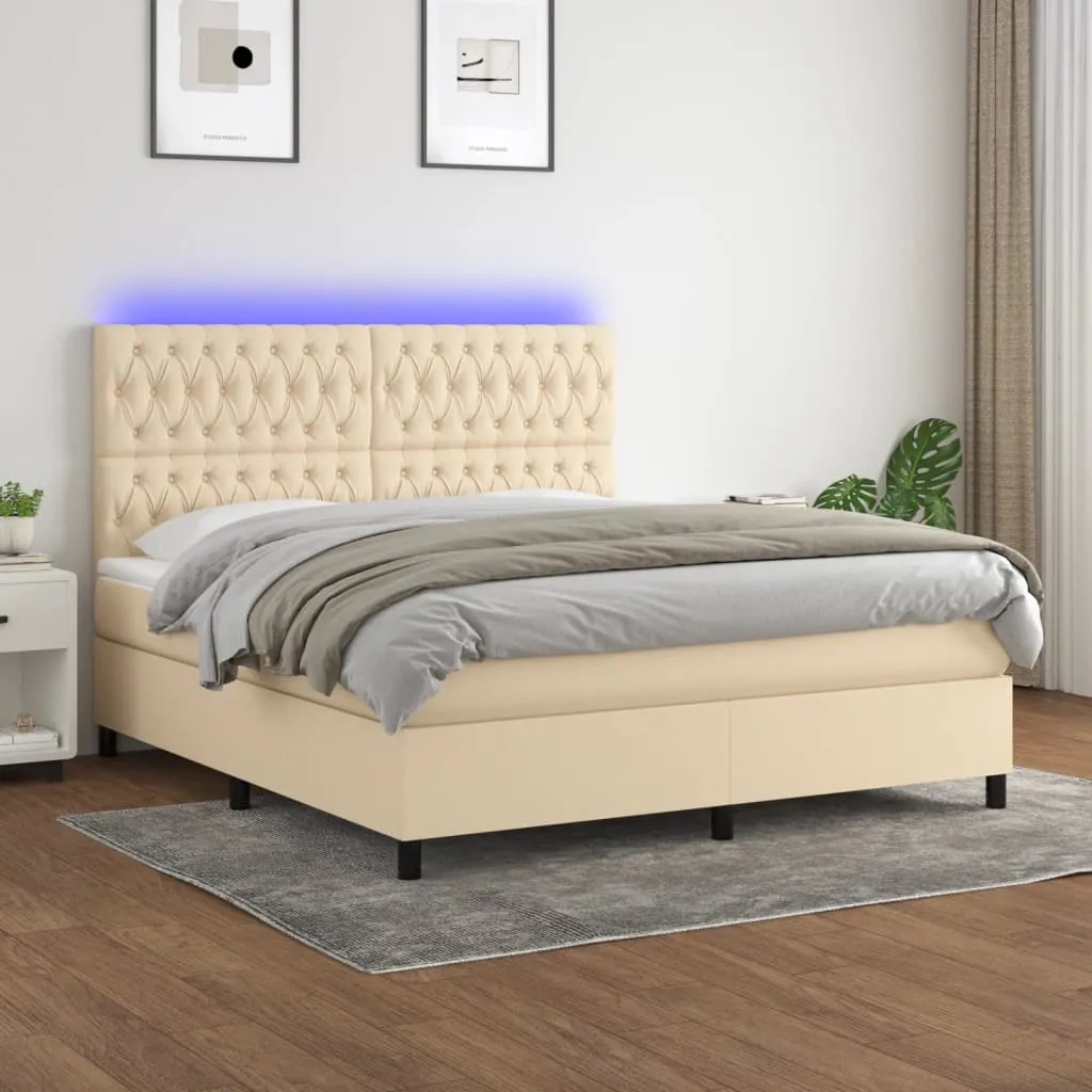 vidaXL Letto a Molle con Materasso e LED Crema 160x200 cm in Tessuto