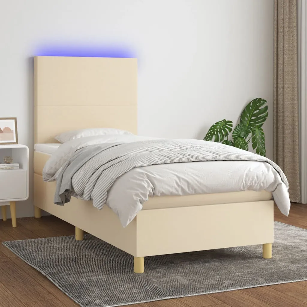 vidaXL Letto a Molle con Materasso e LED Crema 90x190 cm in Tessuto