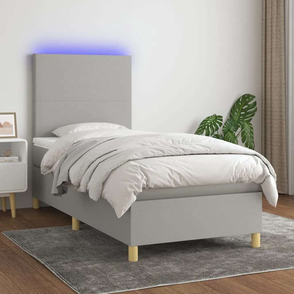 vidaXL Letto a Molle Materasso e LED Grigio Chiaro 90x200 cm Tessuto