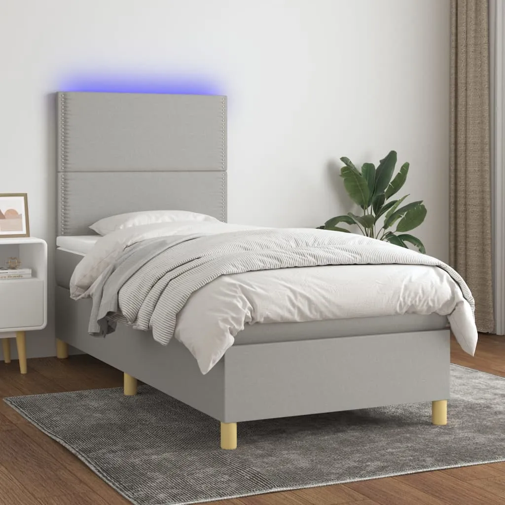 vidaXL Letto a Molle Materasso e LED Grigio Chiaro 90x200 cm Tessuto