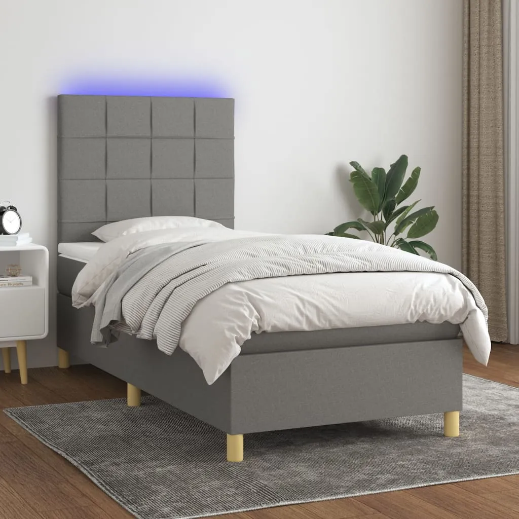 vidaXL Letto a Molle Materasso e LED Grigio Scuro 90x190 cm in Tessuto