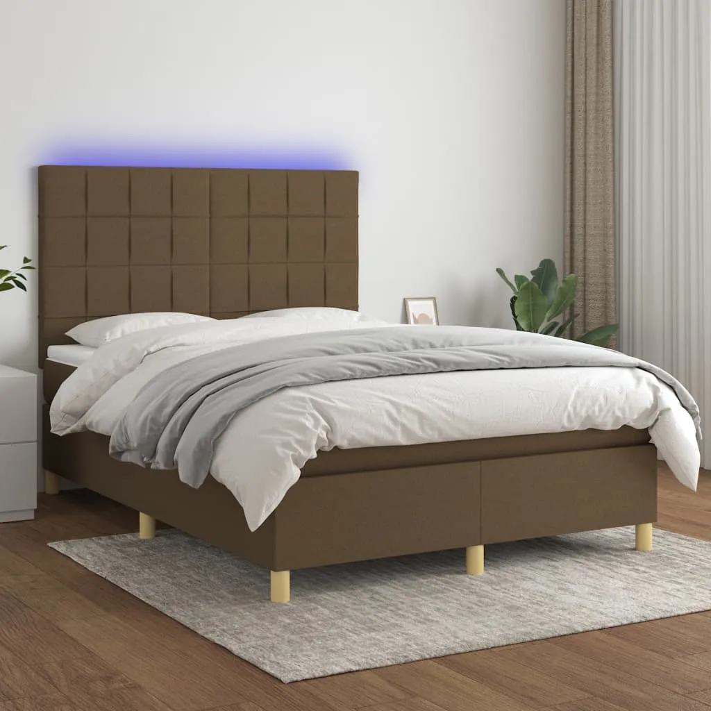 vidaXL Letto a Molle Materasso e LED MarroneScuro 140x190cm in Tessuto