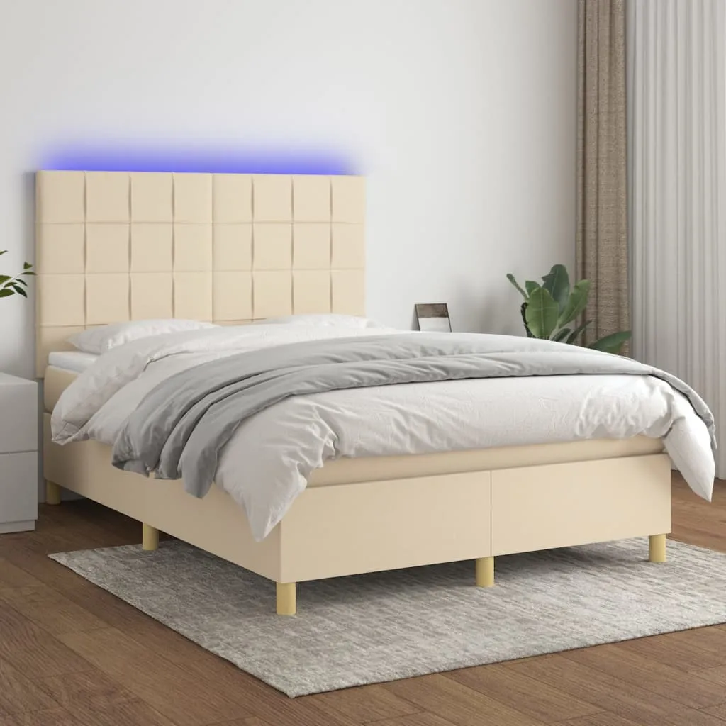 vidaXL Letto a Molle con Materasso e LED Crema 140x200 cm in Tessuto