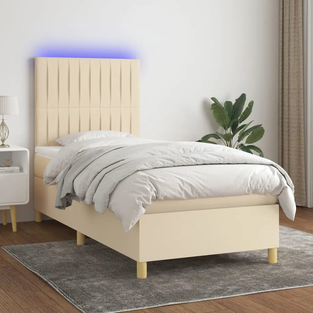 vidaXL Letto a Molle con Materasso e LED Crema 90x190 cm in Tessuto