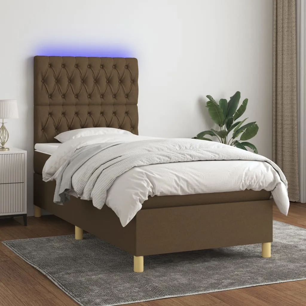 vidaXL Letto a Molle Materasso e LED Marrone Scuro 90x190cm in Tessuto