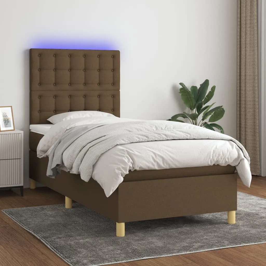 vidaXL Letto a Molle Materasso e LED Marrone Scuro 90x190cm in Tessuto