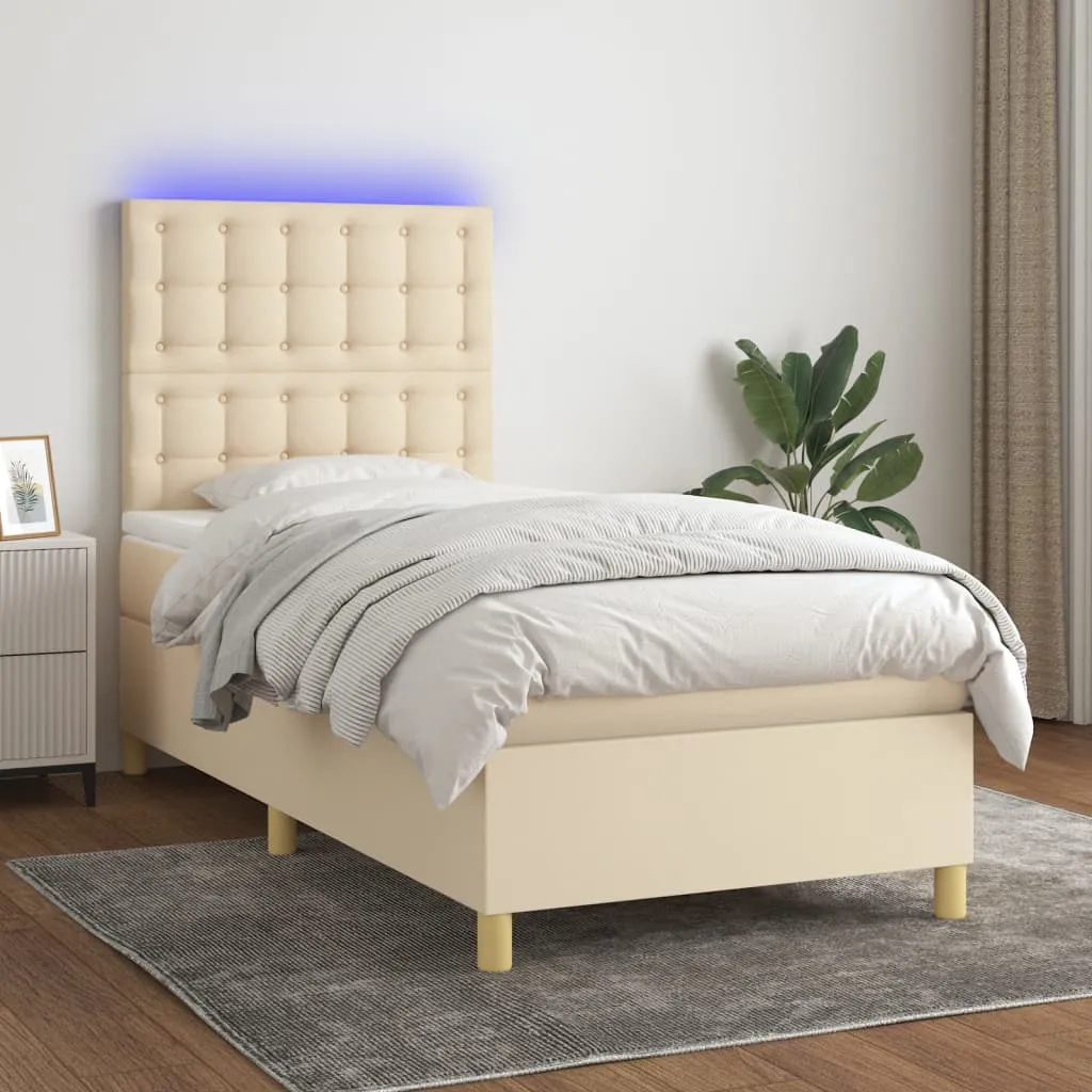 vidaXL Letto a Molle con Materasso e LED Crema 90x190 cm in Tessuto