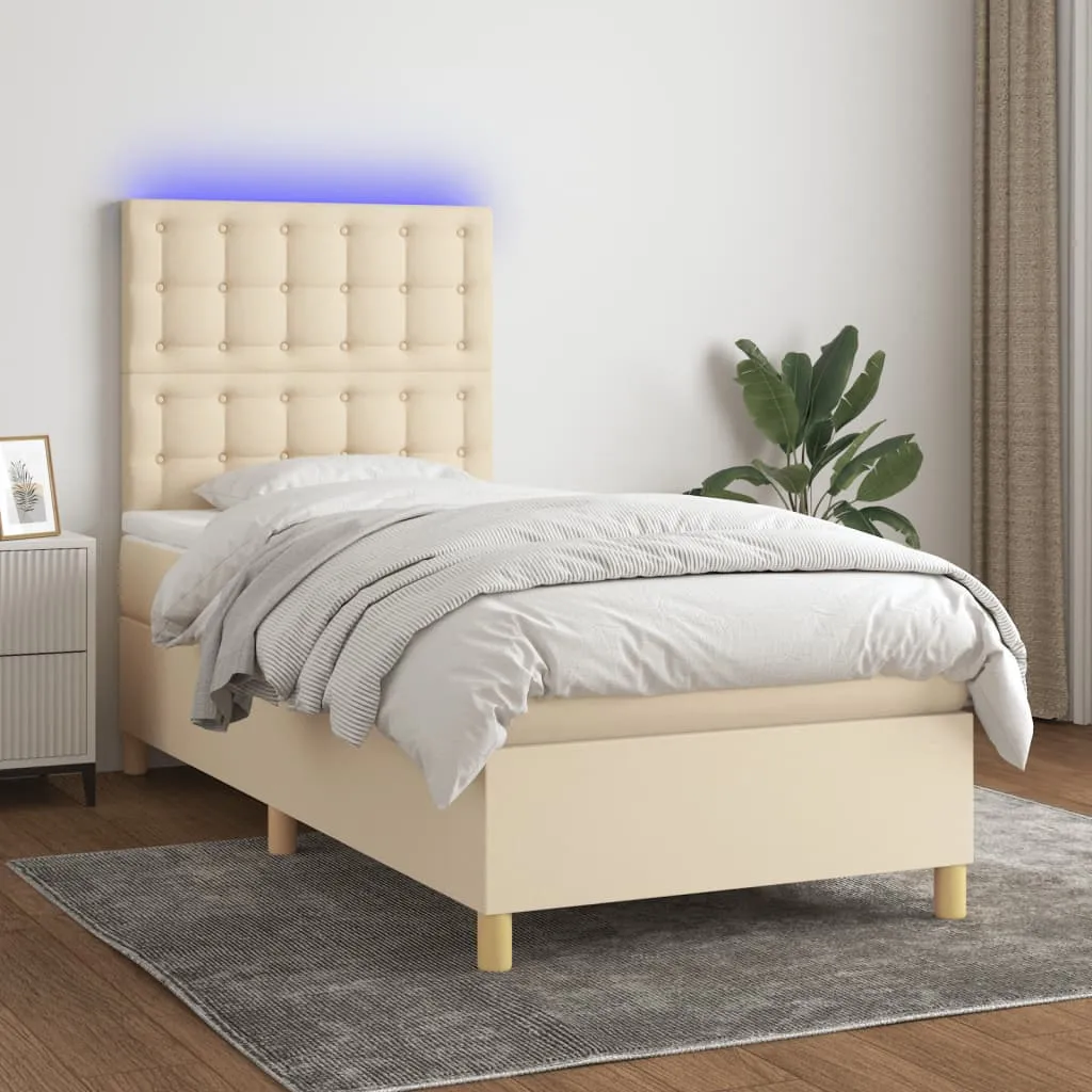 vidaXL Letto a Molle con Materasso e LED Crema 100x200cm in Tessuto