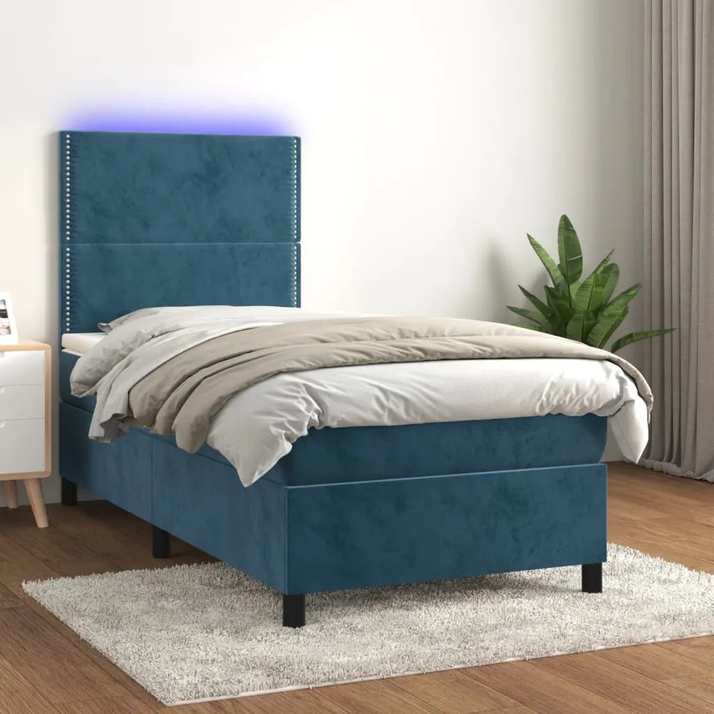 vidaXL Letto a Molle con Materasso e LED Blu Scuro 90x190cm in Velluto