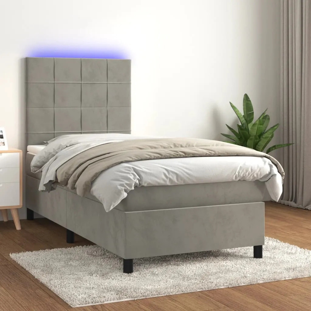 vidaXL Letto a Molle Materasso e LED Grigio Chiaro 90x190 cm Velluto