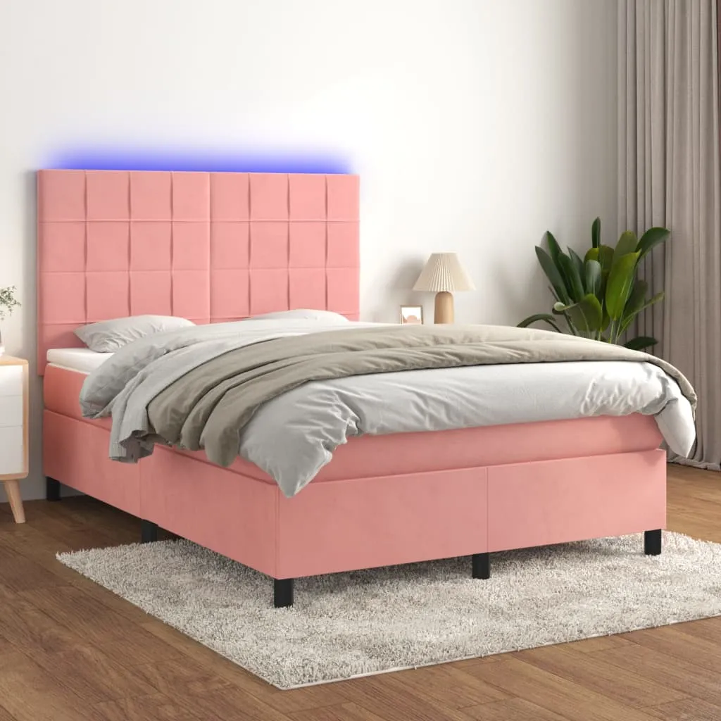 vidaXL Letto a Molle con Materasso e LED Rosa 140x190 cm in Velluto