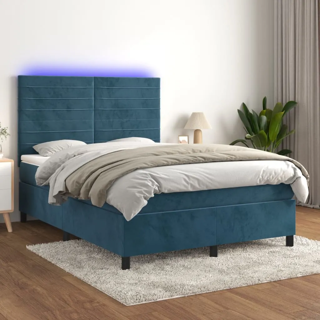 vidaXL Letto a Molle con Materasso e LED Blu Scuro 140x190 cm