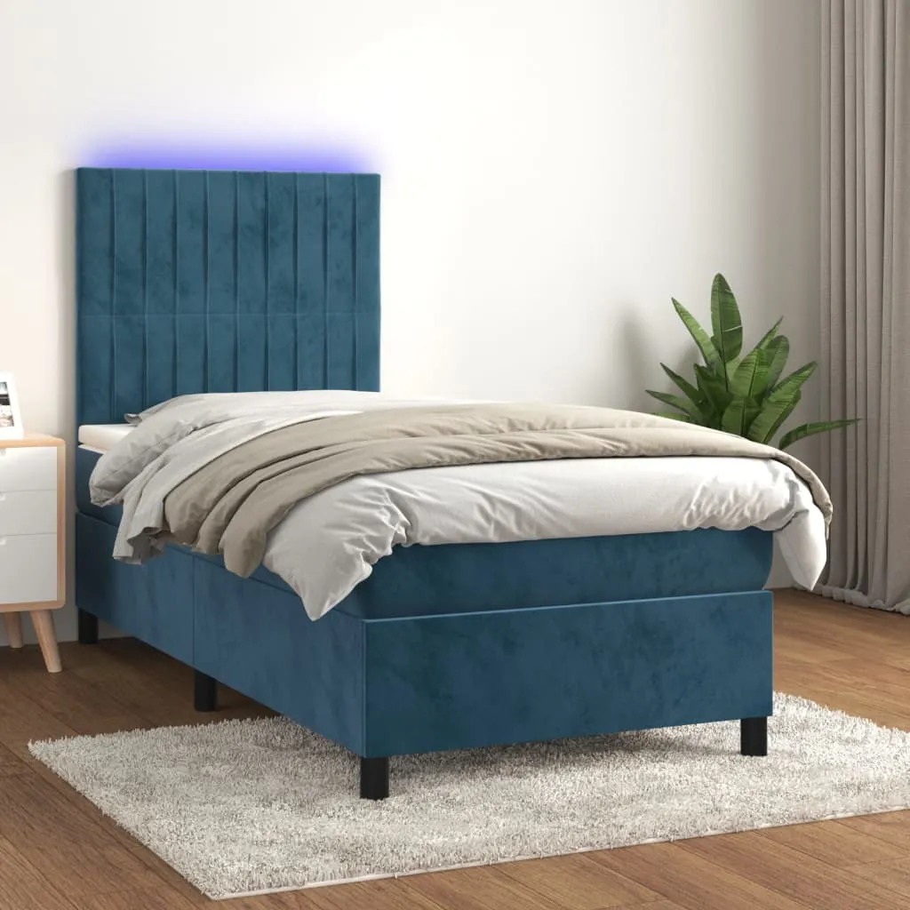 vidaXL Letto a Molle con Materasso e LED Blu Scuro 90x200cm in Velluto