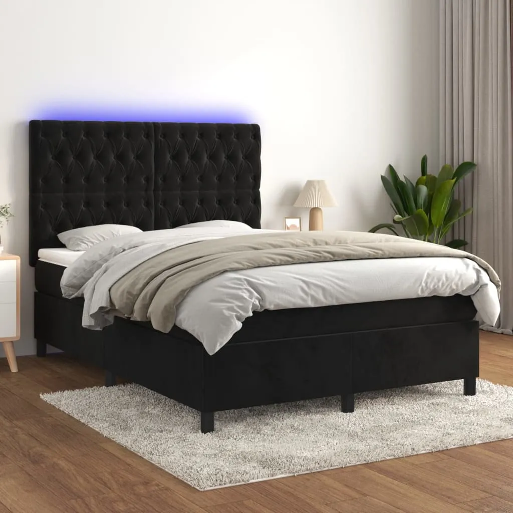 vidaXL Letto a Molle con Materasso e LED Nero 140x190 cm in Velluto