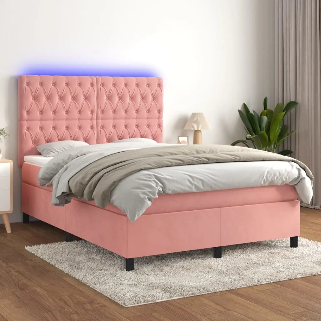 Letto a Molle con Materasso e LED Rosa 140x190 cm in Velluto