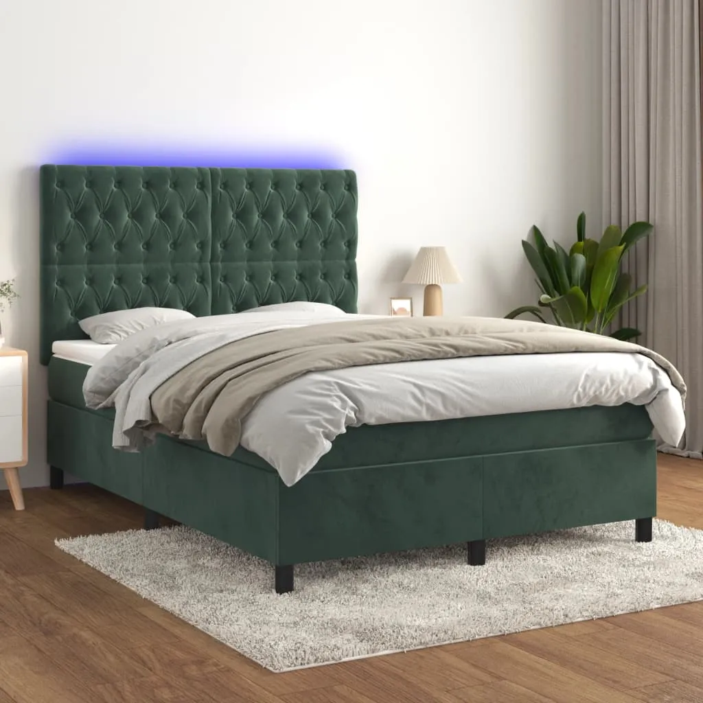 vidaXL Letto a Molle con Materasso e LED Verde Scuro 140x200cm Velluto