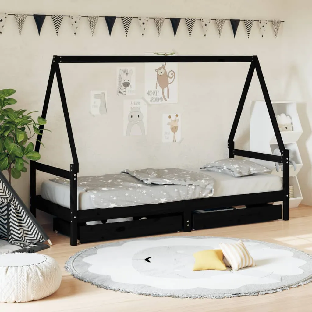 vidaXL Giroletto Bambini con Cassetti Nero 90x200cm Massello di Pino