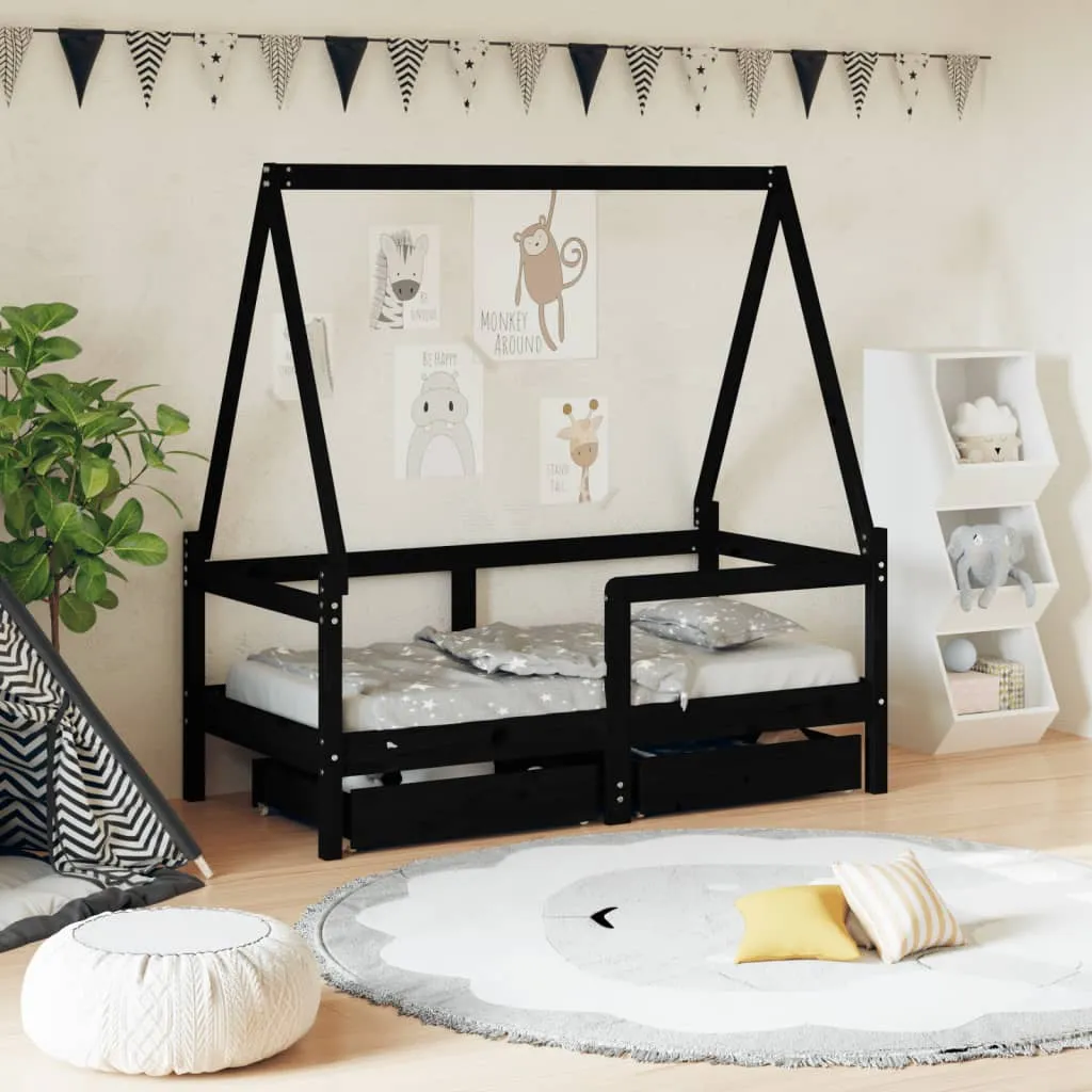 vidaXL Giroletto Bambini con Cassetti Nero 70x140cm Massello di Pino