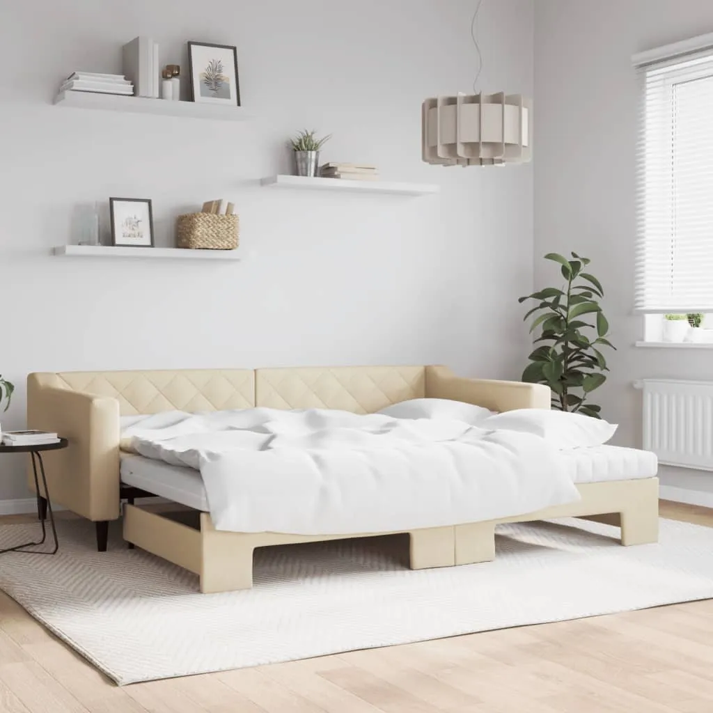 vidaXL Divano Letto Estraibile con Materassi Crema 90x200 cm Tessuto