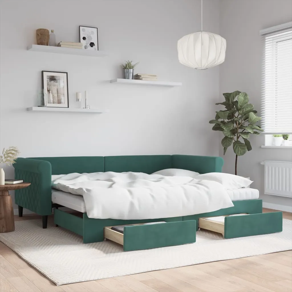 vidaXL Divano Letto Estraibile Cassetti Verde Scuro 90x200cm Velluto